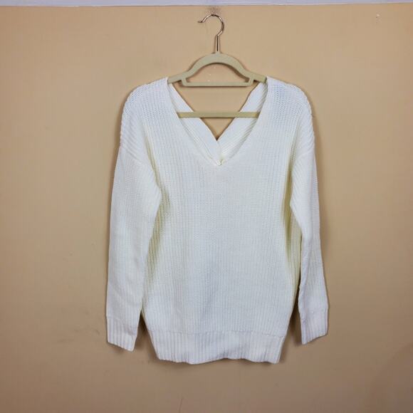 Bobi Chunky Knit Twist Back Sweater in Ivory Size S - Picture 1 of 10